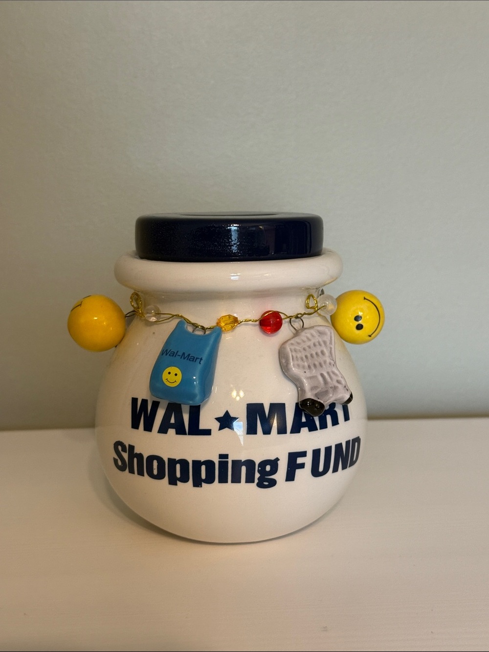 Wal-Mart Ceramic Shopping Fund Jar - White & Navy with Charms